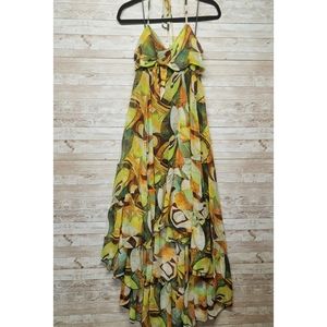 Alberto Makali green floral hi lo maxi halter top dress